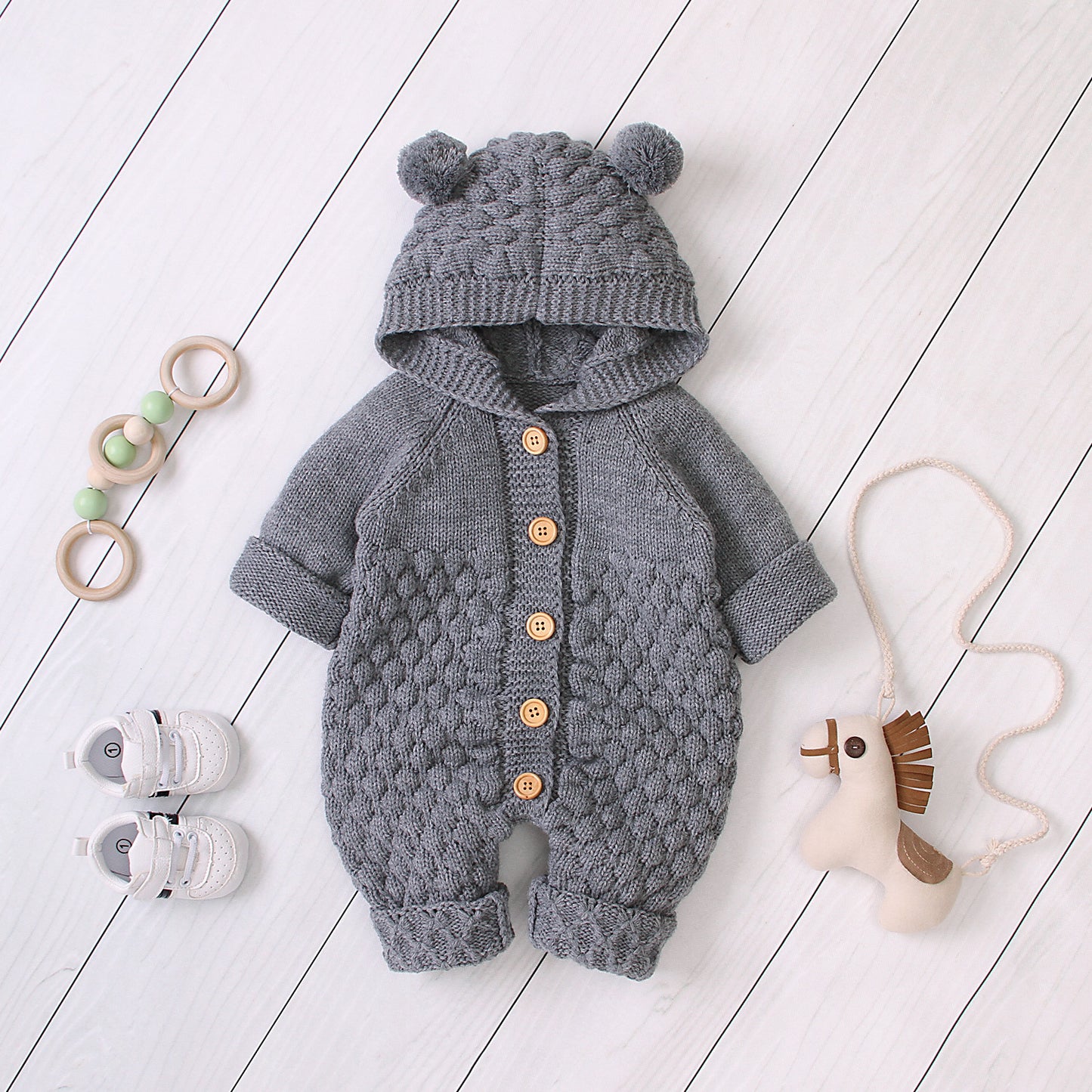 Cozy Ear Hood Knitted Baby Jumpsuit – Warm, Soft & Adorable
