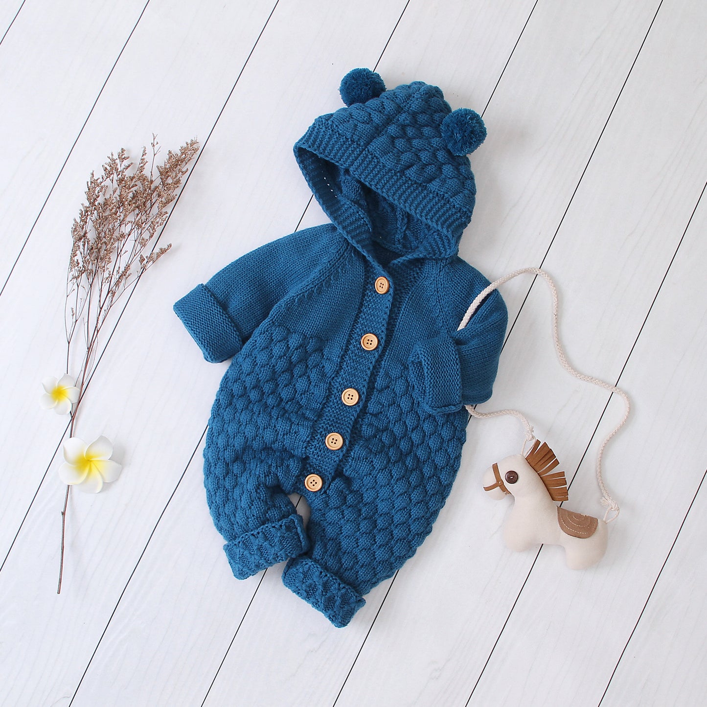 Cozy Ear Hood Knitted Baby Jumpsuit – Warm, Soft & Adorable