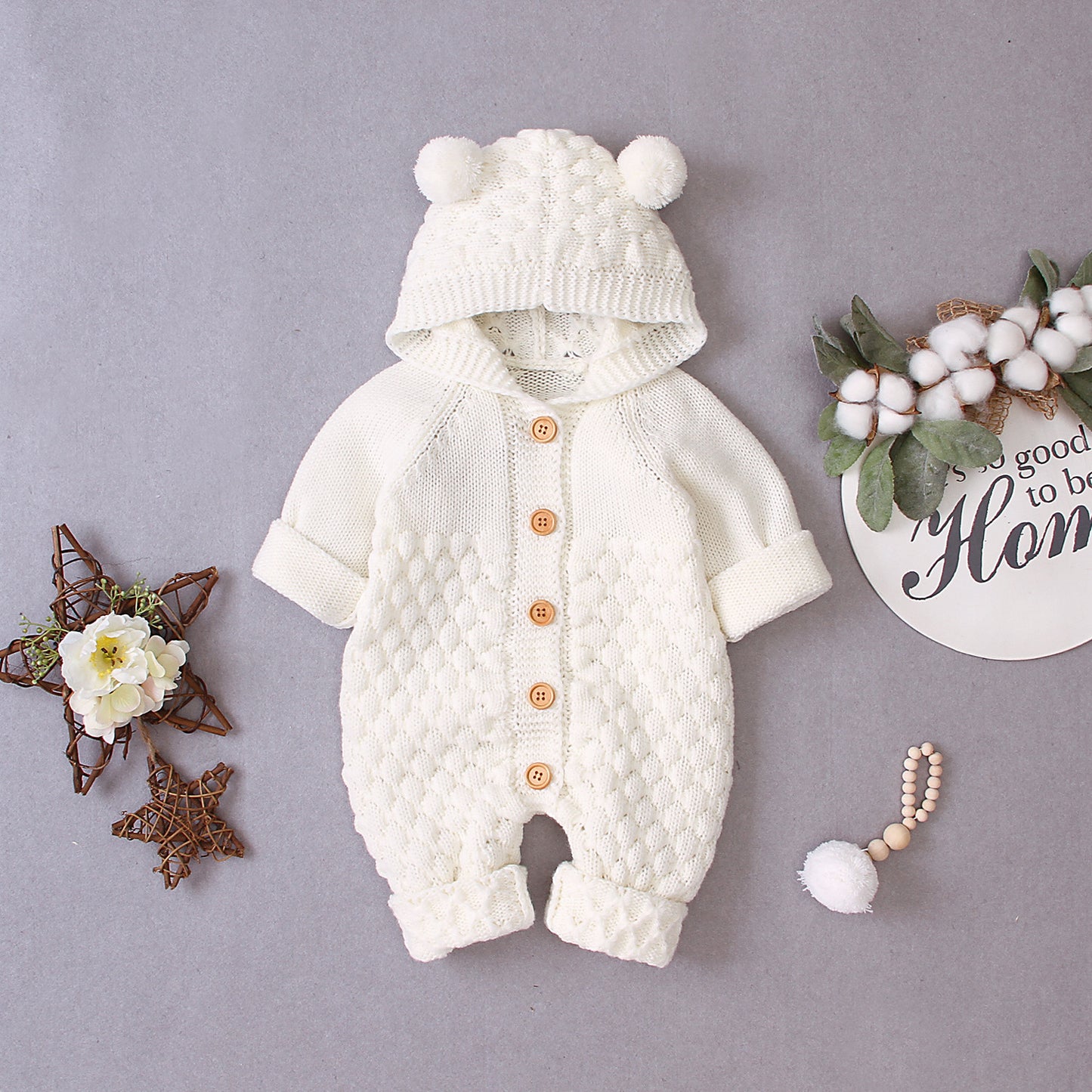Cozy Ear Hood Knitted Baby Jumpsuit – Warm, Soft & Adorable