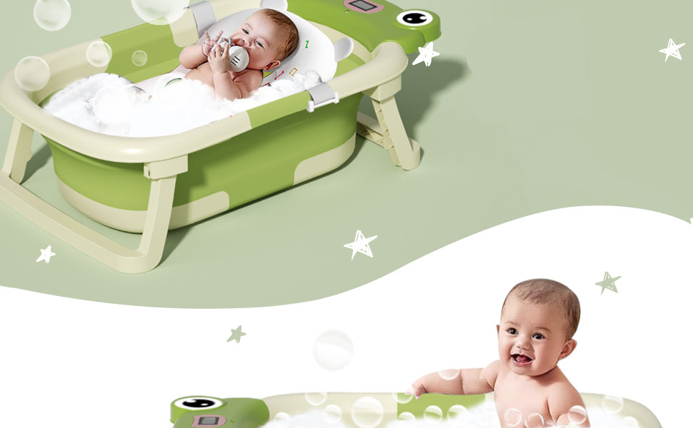 Gray Collapsible Baby Bathtub with Temperature Sensor and Support Cushion