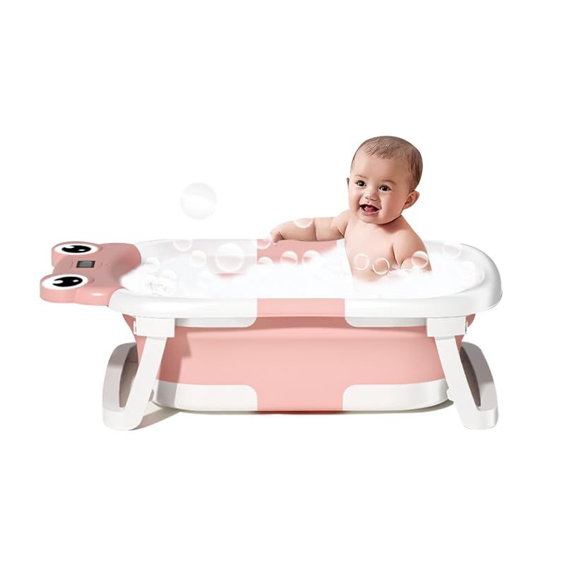 Pink Collapsible Baby Bathtub with Temperature Sensor & Cushion