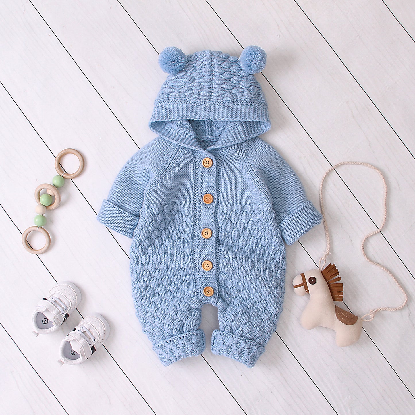 Cozy Ear Hood Knitted Baby Jumpsuit – Warm, Soft & Adorable