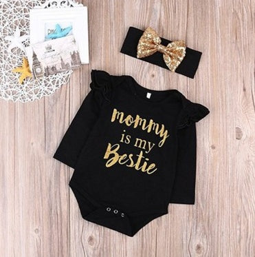 Mommy is My Bestie Baby Outfit – 2-Piece Romper & Head Scarf Set