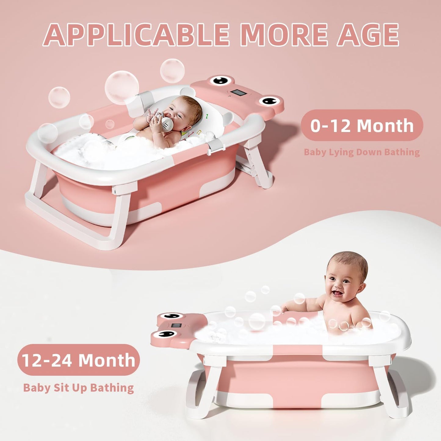 Gray Collapsible Baby Bathtub with Temperature Sensor and Support Cushion