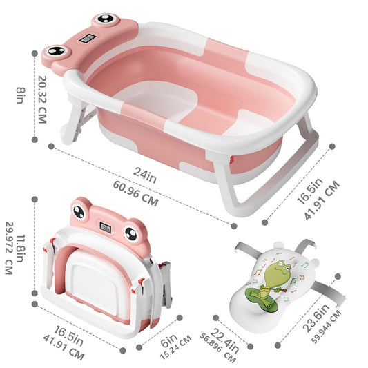 Pink Collapsible Baby Bathtub with Temperature Sensor & Cushion