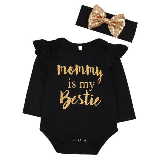 Mommy is My Bestie Baby Outfit – 2-Piece Romper & Head Scarf Set