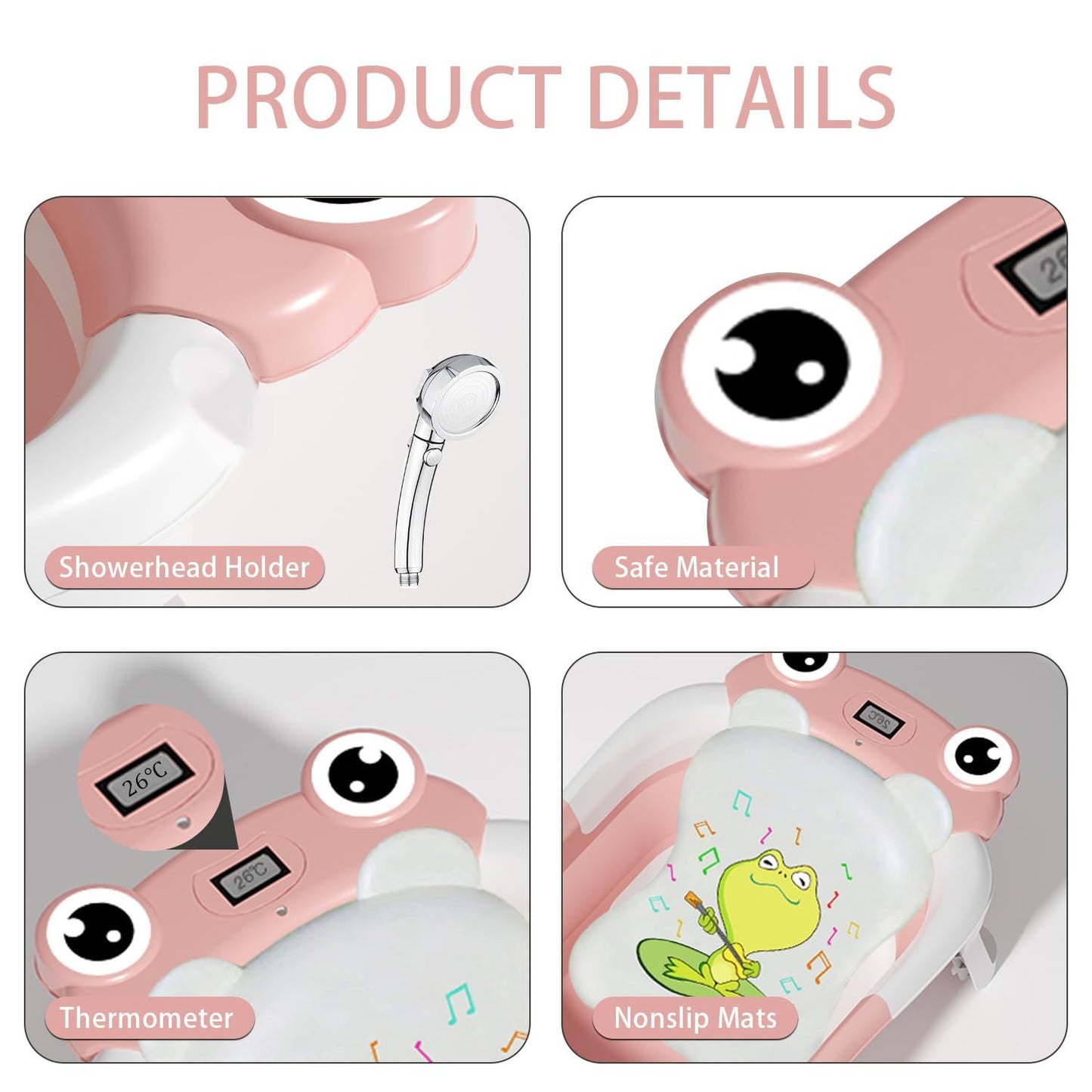 Pink Collapsible Baby Bathtub with Temperature Sensor & Cushion