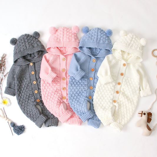 Cozy Ear Hood Knitted Baby Jumpsuit – Warm, Soft & Adorable