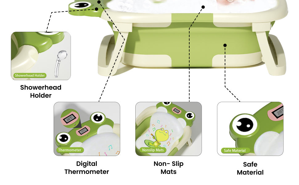 Green Collapsible Baby Bathtub with Temperature Sensor and Support Cushion