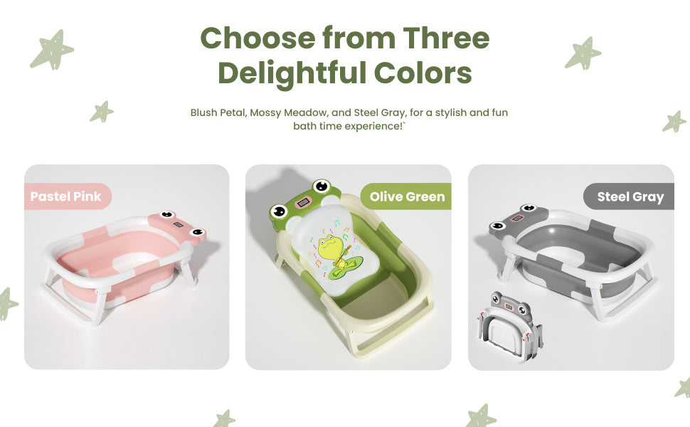 Green Collapsible Baby Bathtub with Temperature Sensor and Support Cushion